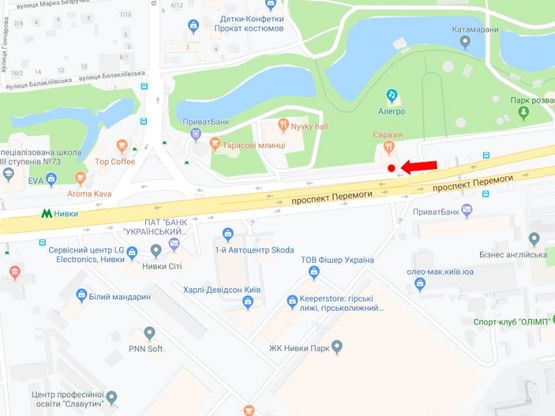 Схема рекламної площини за адресою Победы пр., 84, возле ресторана "Евразия", ст. м. "Нивки", из центра