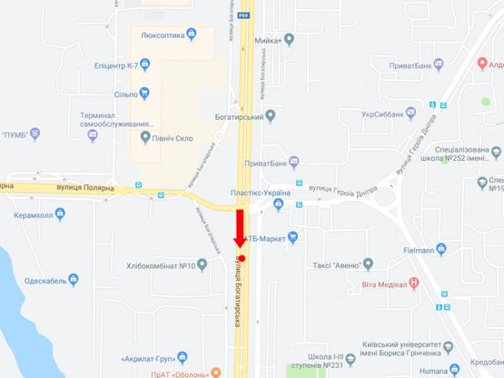 Схема рекламної площини за адресою Богатырская ул., 5 - ул. Полярная,  200 м до светофора, разделитель, в сторону пр. Бандеры, ст.м. "Почайна"