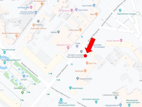 Схема рекламной плоскости по адресу Крещатик ул., 7/11, ст.м. "Майдан Незалежности", напротив Дома Профсоюзов, в сторону майдана Незалежности