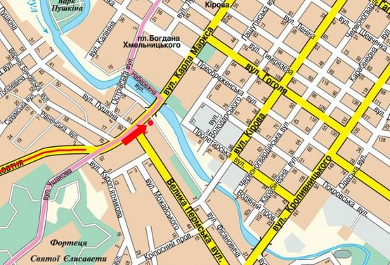 Схема рекламной плоскости по адресу Соборная ул. (бывш. 50-летия Октября ул.) / Б. Перспективная ул. (бывш. Маркса ул.), возле моста через р. Ингул, в центр