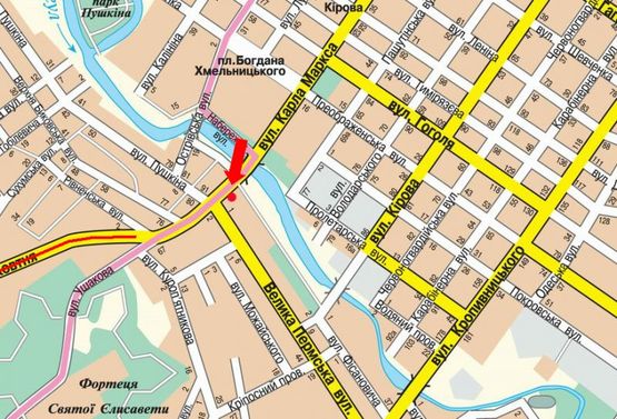 Схема рекламной плоскости по адресу Соборная ул. (бывш. 50-летия Октября ул.) / Б. Перспективная ул. (бывш. Маркса ул.), возле моста через р. Ингул, из центра