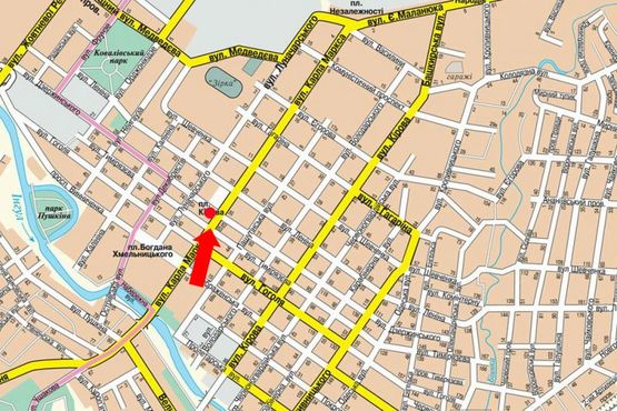 Схема рекламной плоскости по адресу Б. Перспективная ул. (бывш. Маркса ул.) / Чмиленко ул. (бывш. Дзержинского ул.), возле ТЦ "Барва"