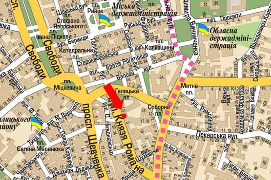 Схема рекламной плоскости по адресу Князя Романа ул., 1, возле Platinum Bank, гостиницы "Swiss"