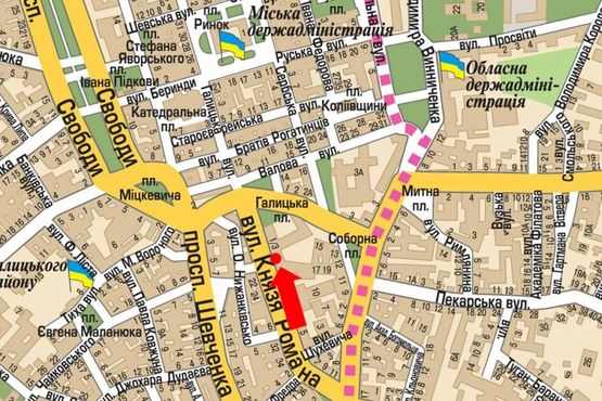 Схема рекламной плоскости по адресу Князя Романа ул., 1, возле Platinum Bank, гостиницы "Swiss"