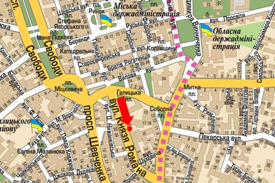 Схема рекламной плоскости по адресу Князя Романа ул., 26, напротив гостиницы "Swiss"