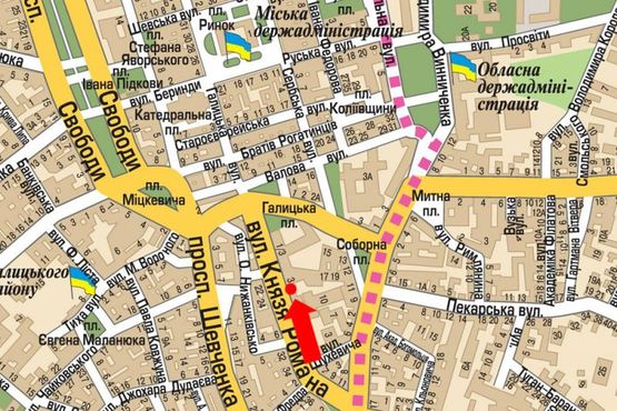 Схема рекламной плоскости по адресу Князя Романа ул., 26, напротив гостиницы "Swiss"