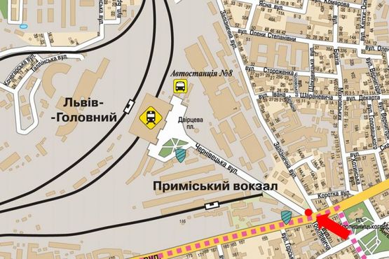 Схема рекламной плоскости по адресу Черновицкая ул. / Городоцкая ул., разделитель, из центра, к ж/д вокзалу