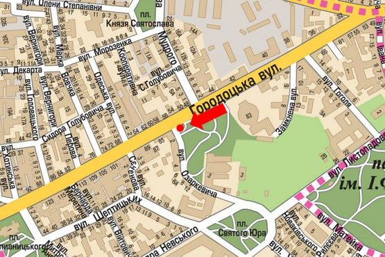 Схема рекламної площини за адресою Городоцкая ул., 52 / Озаркевича ул., из центра