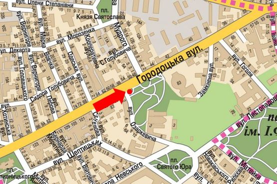 Схема рекламной плоскости по адресу Городоцкая ул., 52 / Озаркевича ул., в центр