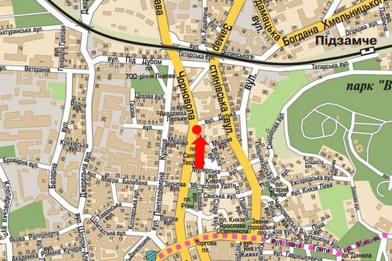 Схема рекламной плоскости по адресу Черновола пр., 31, разделитель, возле клуба "Malevych", из центра