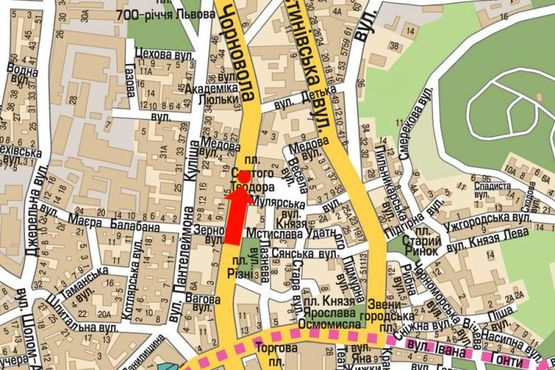 Схема рекламної площини за адресою Черновола пр., 19, разделитель,  возле клуба "Malevych", из центра