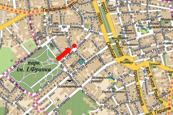 Схема рекламної площини за адресою Сечевых Стрельцов ул., 12 / Костюшко ул., "Пузата хата"