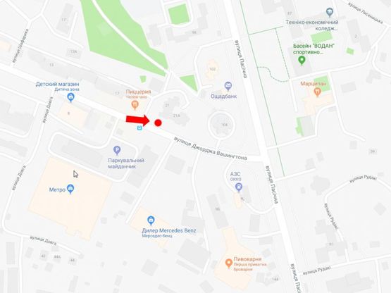 Схема рекламной плоскости по адресу Вашингтона ул., 21 (остановка "Метро-2"), напротив супермаркета Metro, в сторону ул.Пасечной