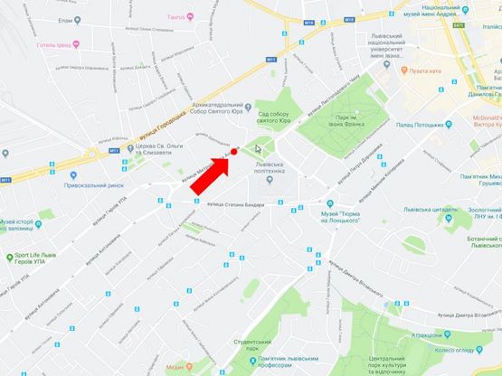 Схема рекламної площини за адресою Митрополита Андрея ул. - ул. Шептицких, разделитель, район Политеха, в сторону пл. Святого Юра