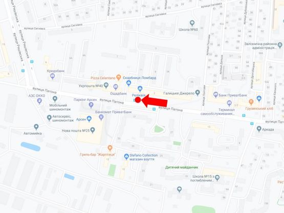 Схема рекламної площини за адресою Патона ул. 2 (ост. "Патона"), напротив супермаркетов "Арсен", "Фокстрот", в сторону ул. Городоцкая