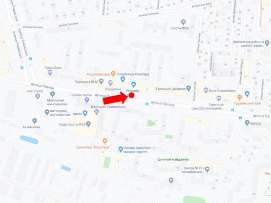 Схема рекламной плоскости по адресу Патона ул. 2 (ост. "Патона"), напротив супермаркетов "Арсен", "Фокстрот", в сторону ул. Виговского