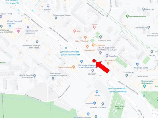 Схема рекламной плоскости по адресу Красной Калины пр. 59 - ул. Хоткевича, (ост. "Детская поликлиника"), в центр