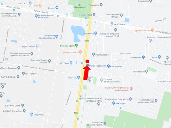 Схема рекламной плоскости по адресу Стрыйская ул. 57 (ост. "Скорины"), напротив ТРЦ "Детская планета", Подземного рынка, в центр