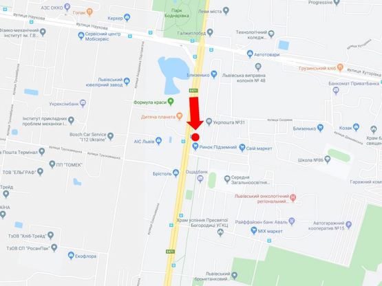 Схема рекламной плоскости по адресу Стрыйская ул. 57 (ост. "Скорины"), напротив ТРЦ "Детская планета", Подземного рынка, из центра