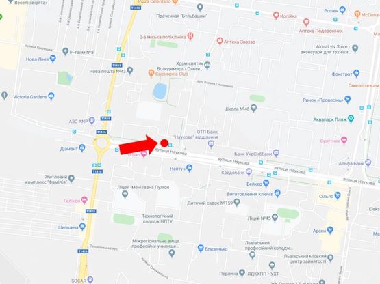 Схема рекламної площини за адресою Научная ул. 112 (ост. "Симоненко"), напротив ТЦ "Victoria Gardens", в сторону ул. Стрийская