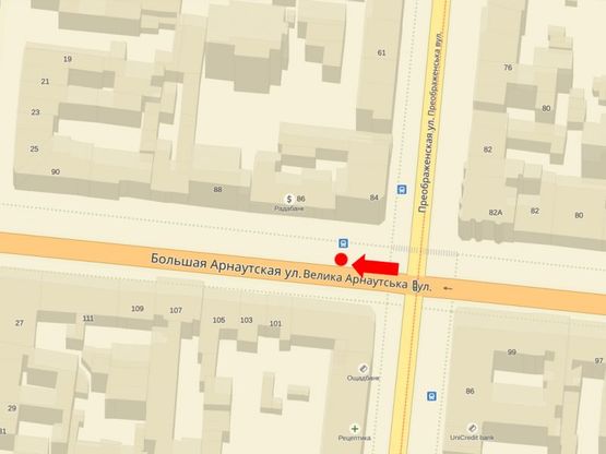 Схема рекламної площини за адресою Б. Арнаутская ул., 84 / Преображенская ул., в сторону Балковской ул.