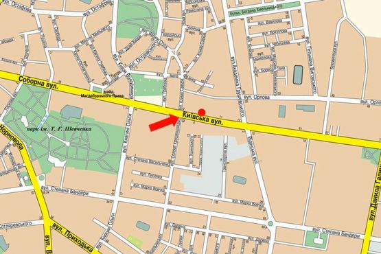Схема рекламной плоскости по адресу Киевская ул., 6, возле Ощадбанка, напротив автосалона "Citroen"