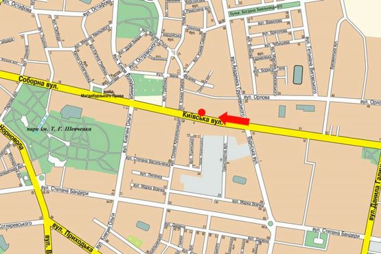 Схема рекламной плоскости по адресу Киевская ул., 6, возле Ощадбанка, напротив автосалона "Citroen"