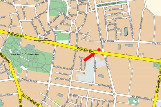 Схема рекламної площини за адресою Киевская ул. / Грушевского ул., возле магазина "Мандарин", напротив автосалона "Citroen"