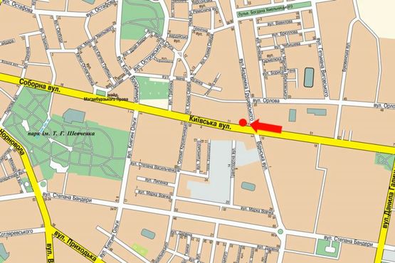 Схема рекламной плоскости по адресу Киевская ул. / Грушевского ул., возле магазина "Мандарин", напротив автосалона "Citroen"