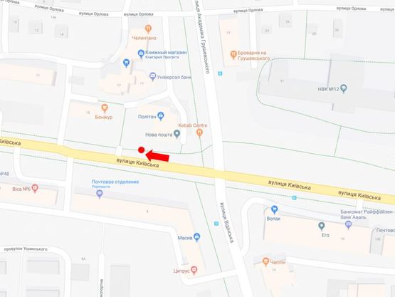 Схема рекламної площини за адресою Киевская ул., остановка "Школа №12", возле ОЦ "Политон", в центр, A1