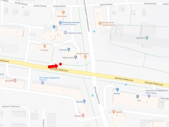 Схема рекламной плоскости по адресу Киевская ул., остановка "Школа №12", возле ОЦ "Политон", из центра, B2