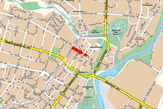 Схема рекламной плоскости по адресу 9-го Мая пер. / Воскресенская ул. (бывш. Фрунзе ул.), напротив Укрсиббанка