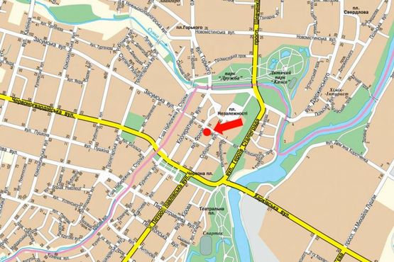 Схема рекламной плоскости по адресу 9-го Мая пер. / Воскресенская ул. (бывш. Фрунзе ул.), напротив Укрсиббанка