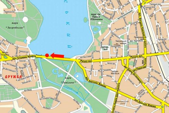 Схема рекламної площини за адресою Русская ул., возле парка "Топильче", дамба, из центра