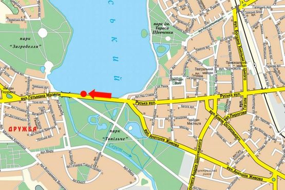Схема рекламної площини за адресою Русская ул., возле парка "Топильче", дамба, из центра