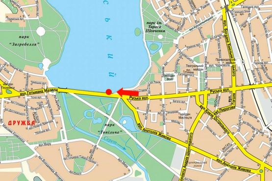 Схема рекламной плоскости по адресу Русская ул., возле парка "Топильче", дамба, из центра