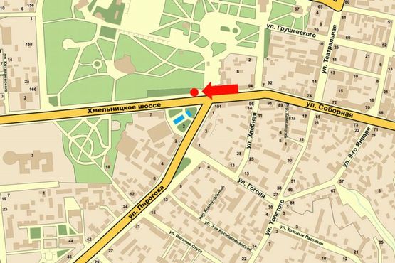 Схема рекламной плоскости по адресу Соборная ул. / Пирогова ул. / Гагарина пл., возле универмага "Винницкий", центрального парка, в сторону Хмельницкого шоссе