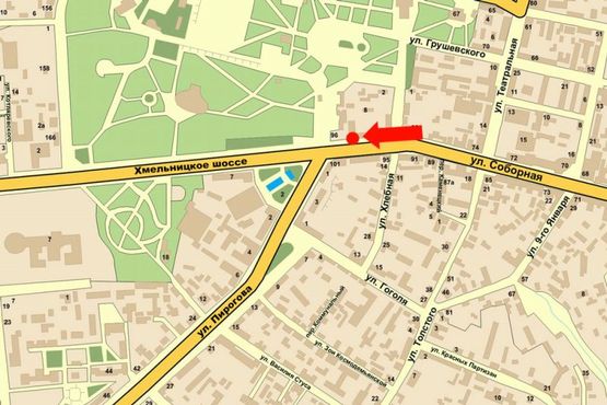Схема рекламної площини за адресою Соборная ул. / Пирогова ул. / Гагарина пл., возле универмага "Винницкий", центрального парка, в сторону Хмельницкого шоссе