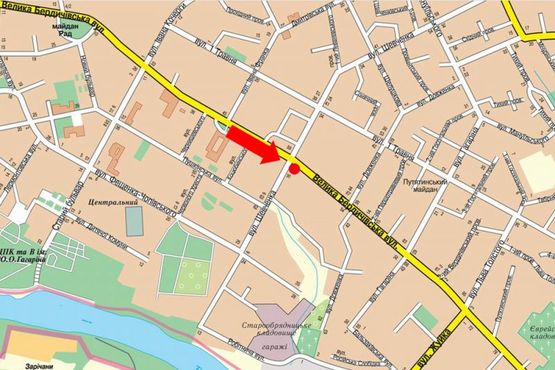 Схема рекламной плоскости по адресу Бердичевская ул. / ул. Т. Шевченко, возле "УкрСиббанка", на светофоре