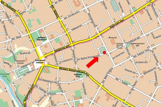 Схема рекламної площини за адресою Лятошинского ул. / Небесной сотни ул. (бывш. ул. Московская), возле Житнего рынка