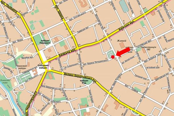 Схема рекламної площини за адресою Лятошинского ул. / Небесной сотни ул. (бывш. ул. Московская), возле Житнего рынка
