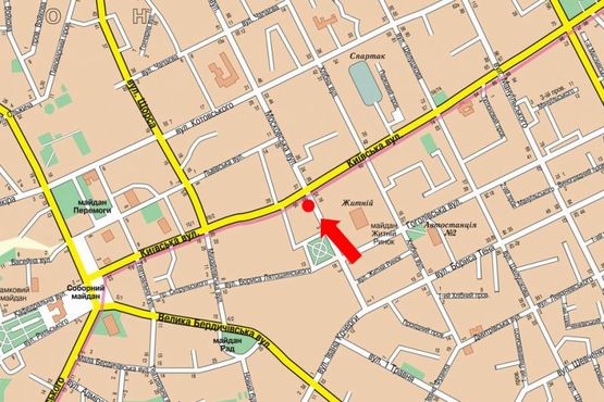 Схема рекламної площини за адресою Небесной сотни ул. (бывш. ул. Московская) / ул. Киевская, возле ЦУМа, на светофоре