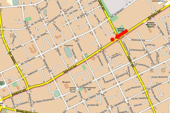 Схема рекламної площини за адресою Киевская ул., 75, возле "Центра переводов", ломбарда "Благо"