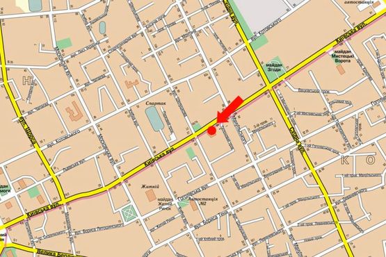 Схема рекламної площини за адресою Киевская ул., 84, возле Кооперативного техникума, Приватбанка