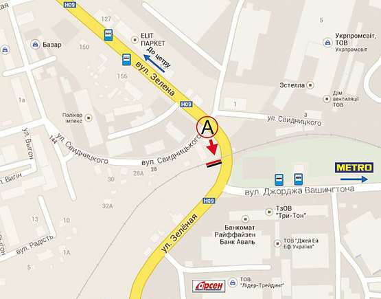 Схема рекламной плоскости по адресу Зелена, 143а  №2  (переїзд біля вул. Дж. Вашінгтона) А