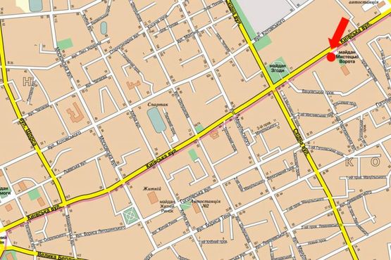 Схема рекламної площини за адресою Киевская ул., 102, напротив ТРЦ "Глобал", супермаркетов Фокстрот, Эльдорадо, Комфи, Караван, на светофоре