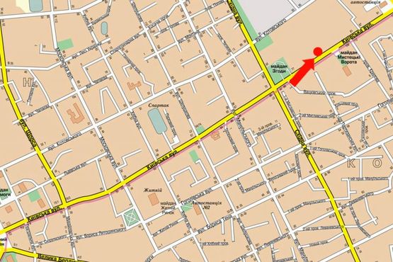 Схема рекламної площини за адресою Киевская ул., 79, возле супермаркетов "Вопак", "Фокстрот", напротив супермаркет "Викотек"