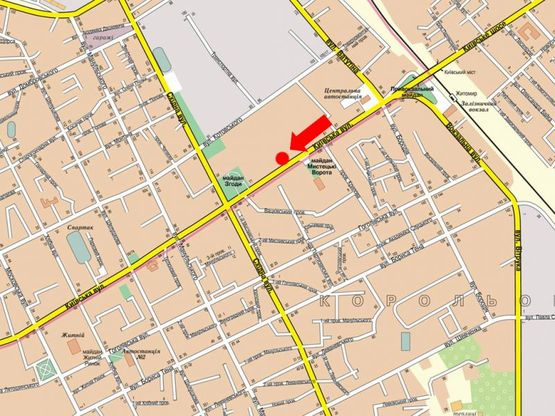 Схема рекламної площини за адресою Киевская ул., 79, возле супермаркетов "Вопак", "Фокстрот", напротив супермаркет "Викотек"