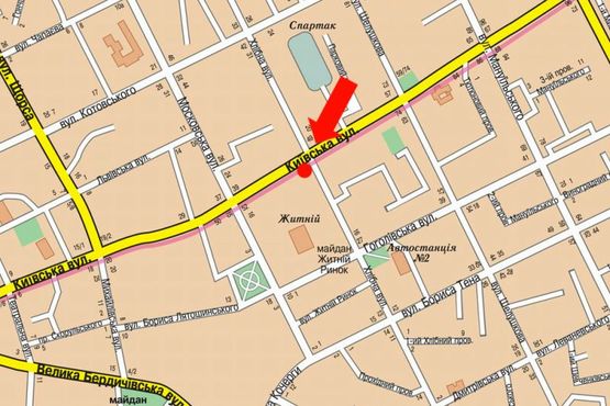 Схема рекламної площини за адресою Киевская ул., 62 / ул. Хлебная, возле магазина "Житомирские ласощи", на светофоре