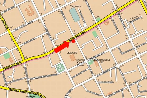 Схема рекламной плоскости по адресу Киевская ул., 62 / ул. Хлебная, возле магазина "Житомирские ласощи", на светофоре